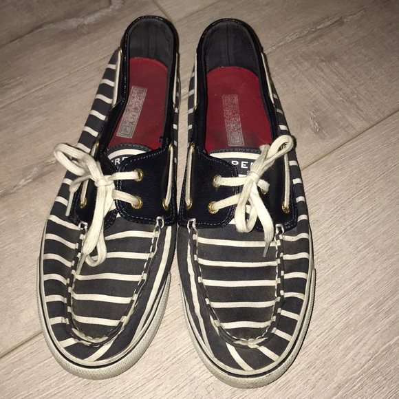 blue and white striped sperrys